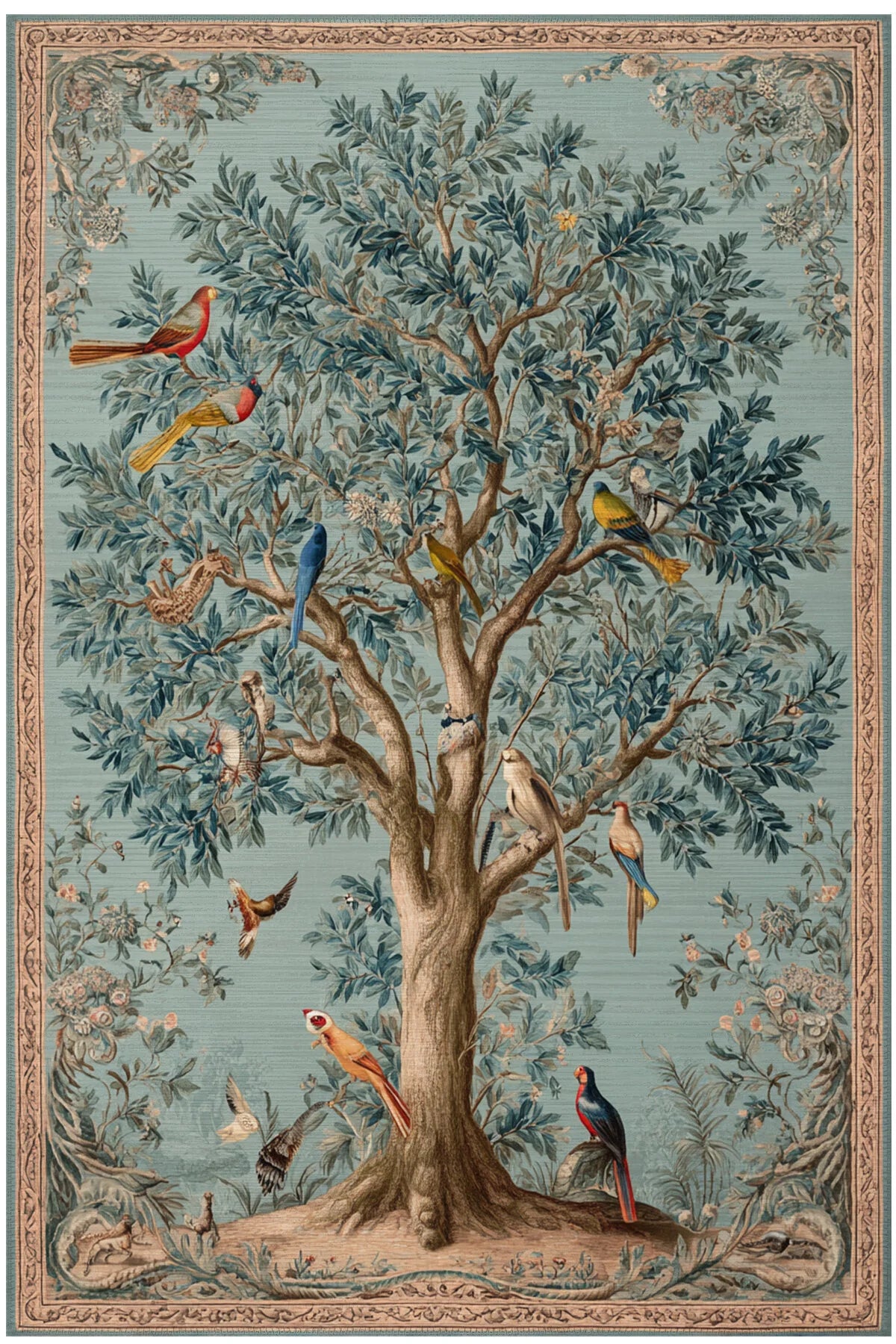 Rafel 902 Mavi Yeşil Ağaç Çiçekli Halı Yıkanabilir İnce Dokuma Yolluk Salon Oturma Odası Halısı