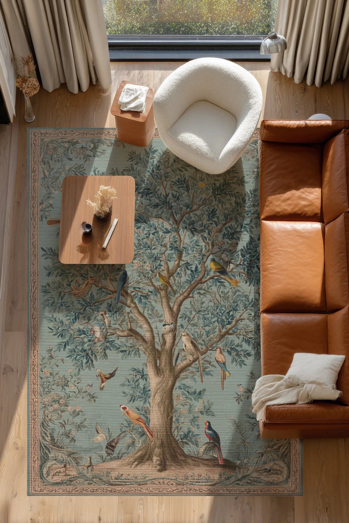 Rafel 902 Mavi Yeşil Ağaç Çiçekli Halı Yıkanabilir İnce Dokuma Yolluk Salon Oturma Odası Halısı