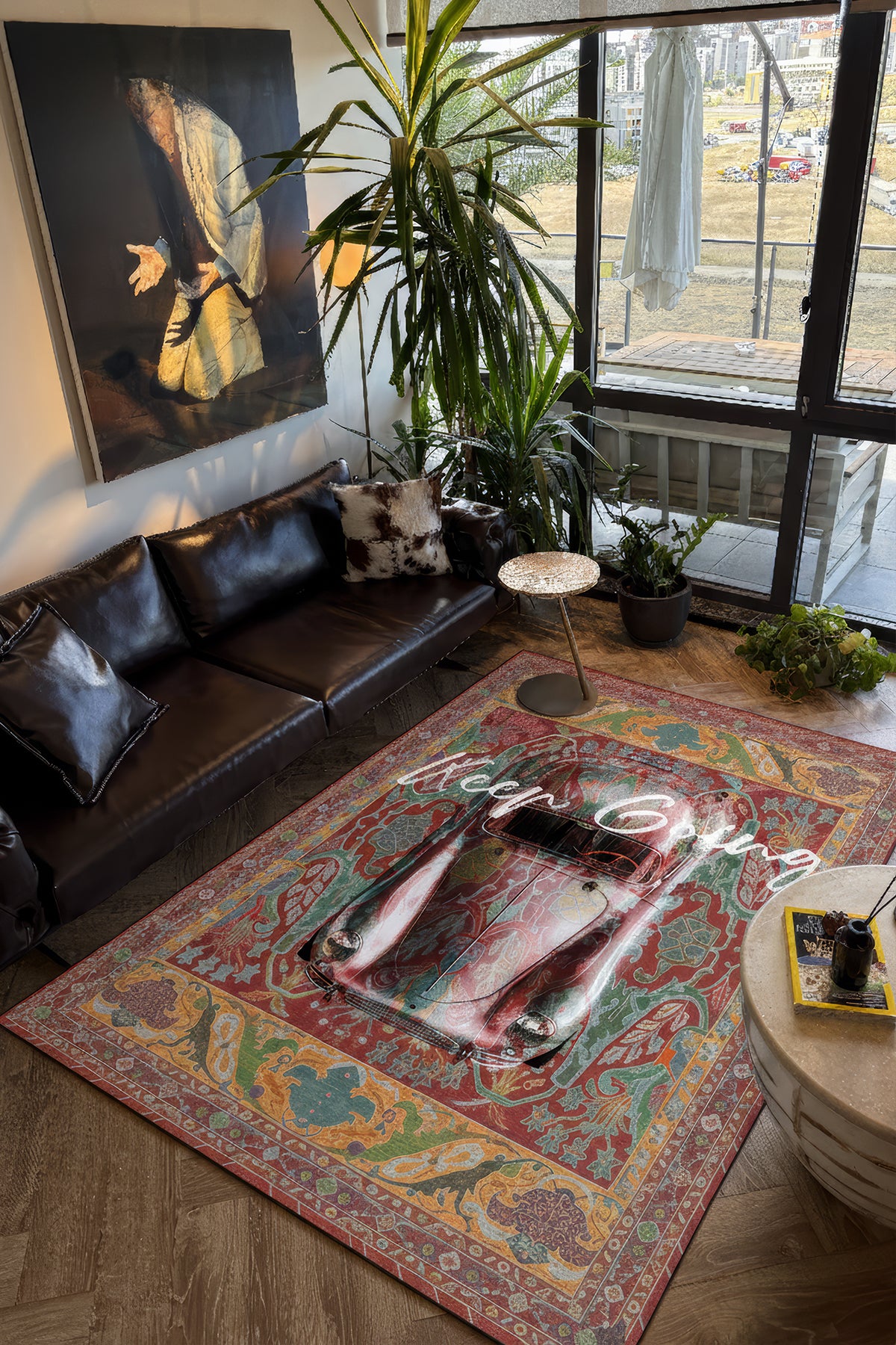 Retro 101 Kiremit Rengi Yeşil Vintage Araba Figürlü Modern Tasarım Halı Salon Oturma Ev Oda Halısı