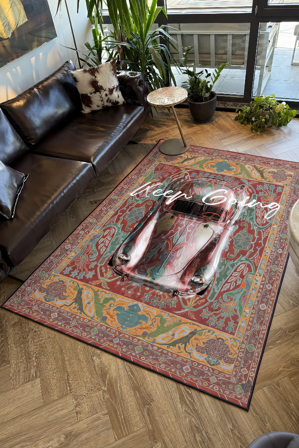 Retro 101 Kiremit Rengi Yeşil Vintage Araba Figürlü Modern Tasarım Halı Salon Oturma Ev Oda Halısı