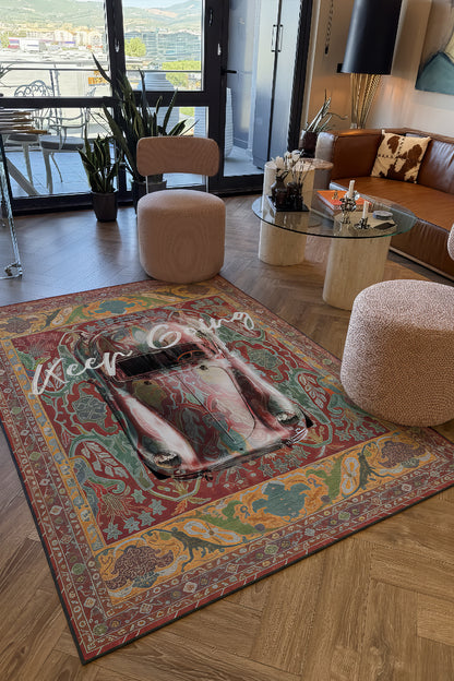 Retro 101 Kiremit Rengi Yeşil Vintage Araba Figürlü Modern Tasarım Halı Salon Oturma Ev Oda Halısı