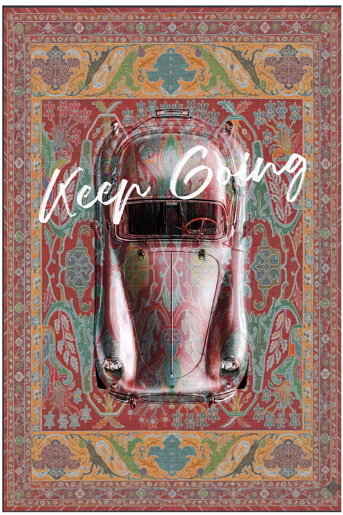 Retro 101 Kiremit Rengi Yeşil Vintage Araba Figürlü Modern Tasarım Halı Salon Oturma Ev Oda Halısı