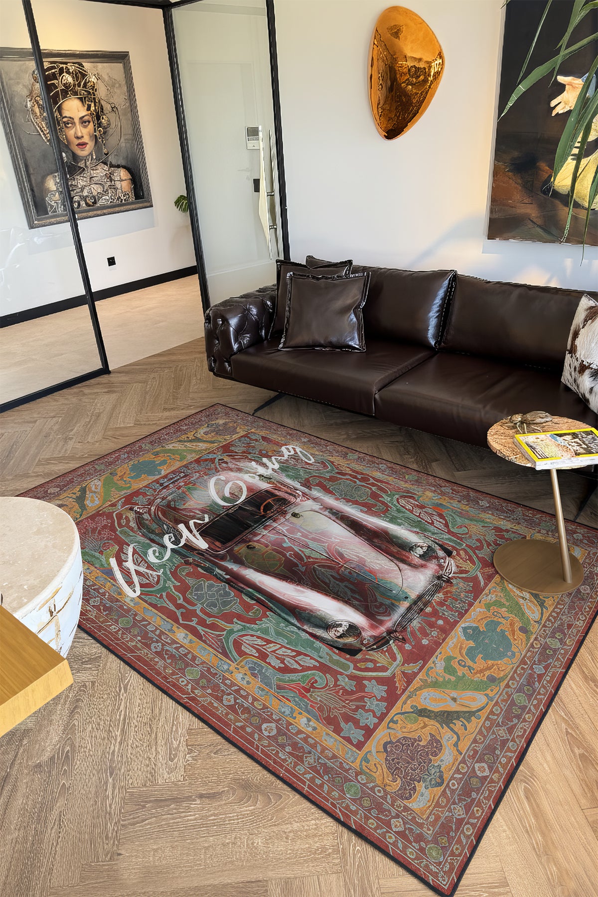 Retro 101 Kiremit Rengi Yeşil Vintage Araba Figürlü Modern Tasarım Halı Salon Oturma Ev Oda Halısı