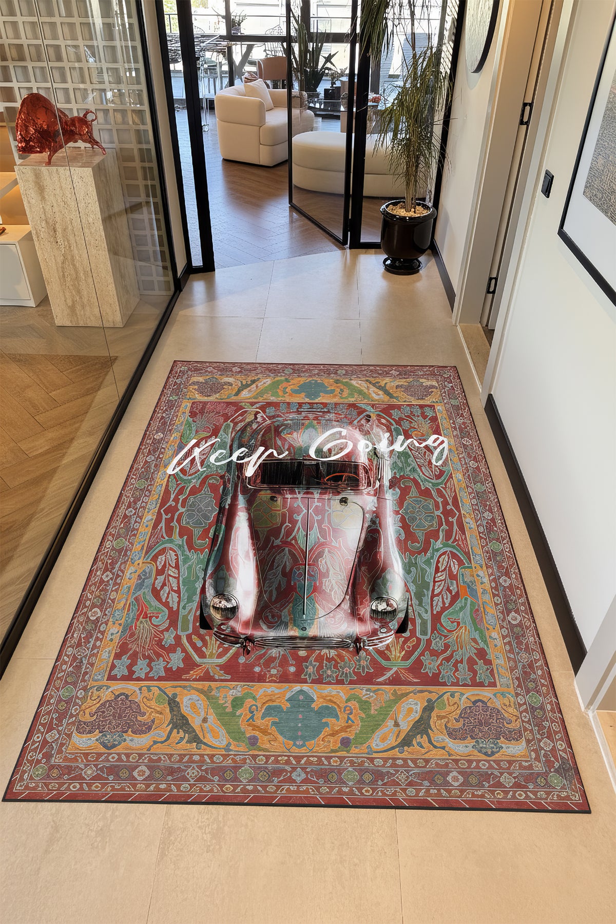 Retro 101 Kiremit Rengi Yeşil Vintage Araba Figürlü Modern Tasarım Halı Salon Oturma Ev Oda Halısı