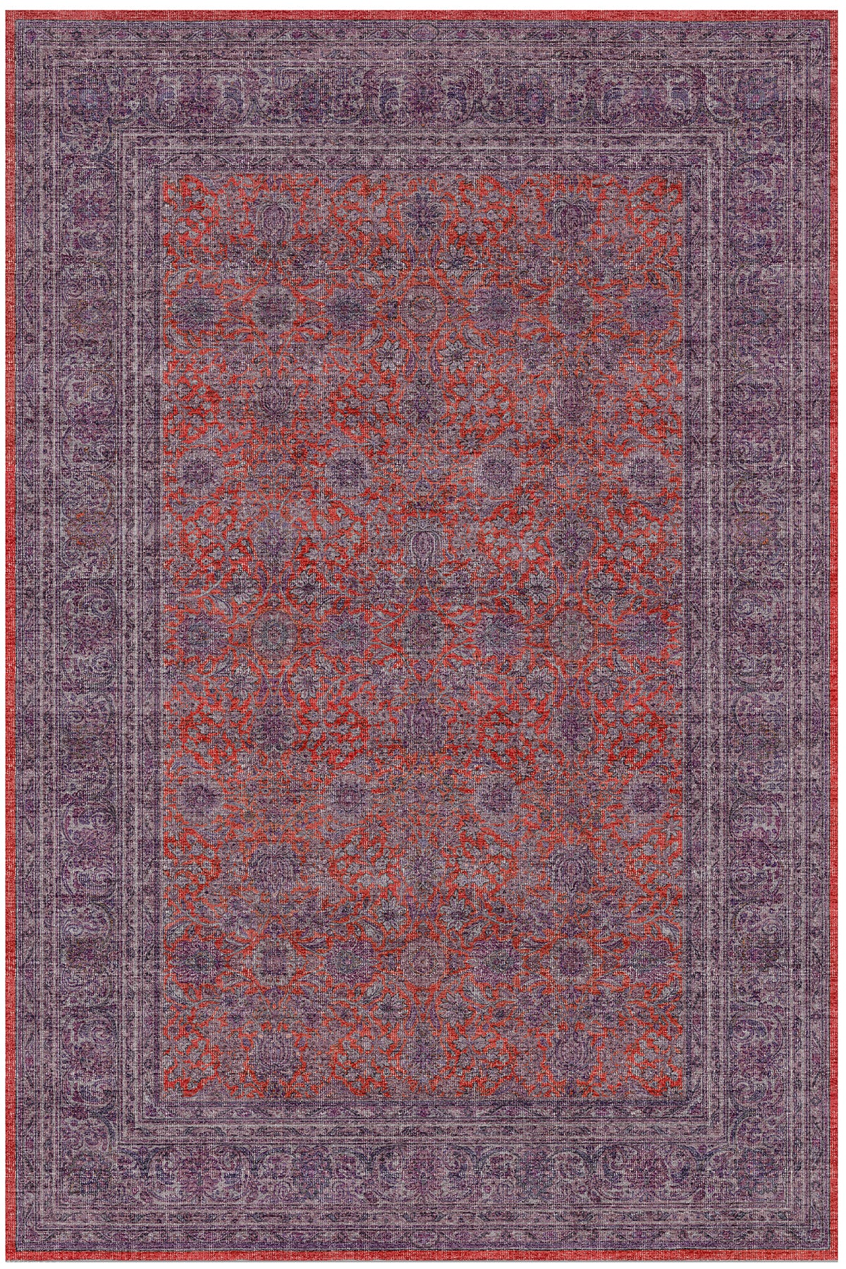 Zümrüt 03 Bordürlü Mor Kırmızı Gri Vintage Desenli Eskitme İnce Yıkanabilir Salon Ev Oda Halısı