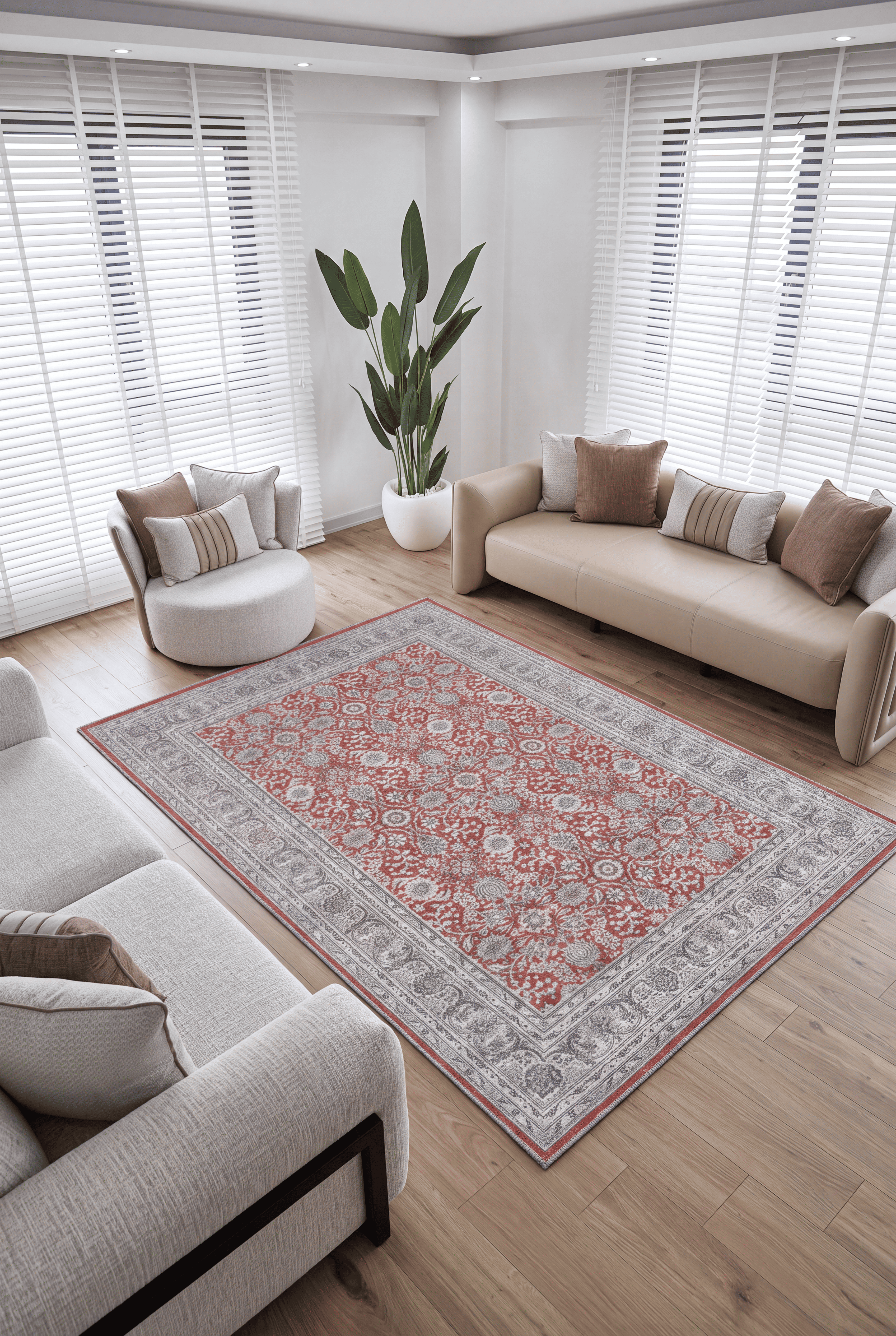 Zümrüt 04 Bordürlü Kırmızı Gri Krem Vintage Desenli Eskitme İnce Yıkanabilir Salon Ev Oda Halısı