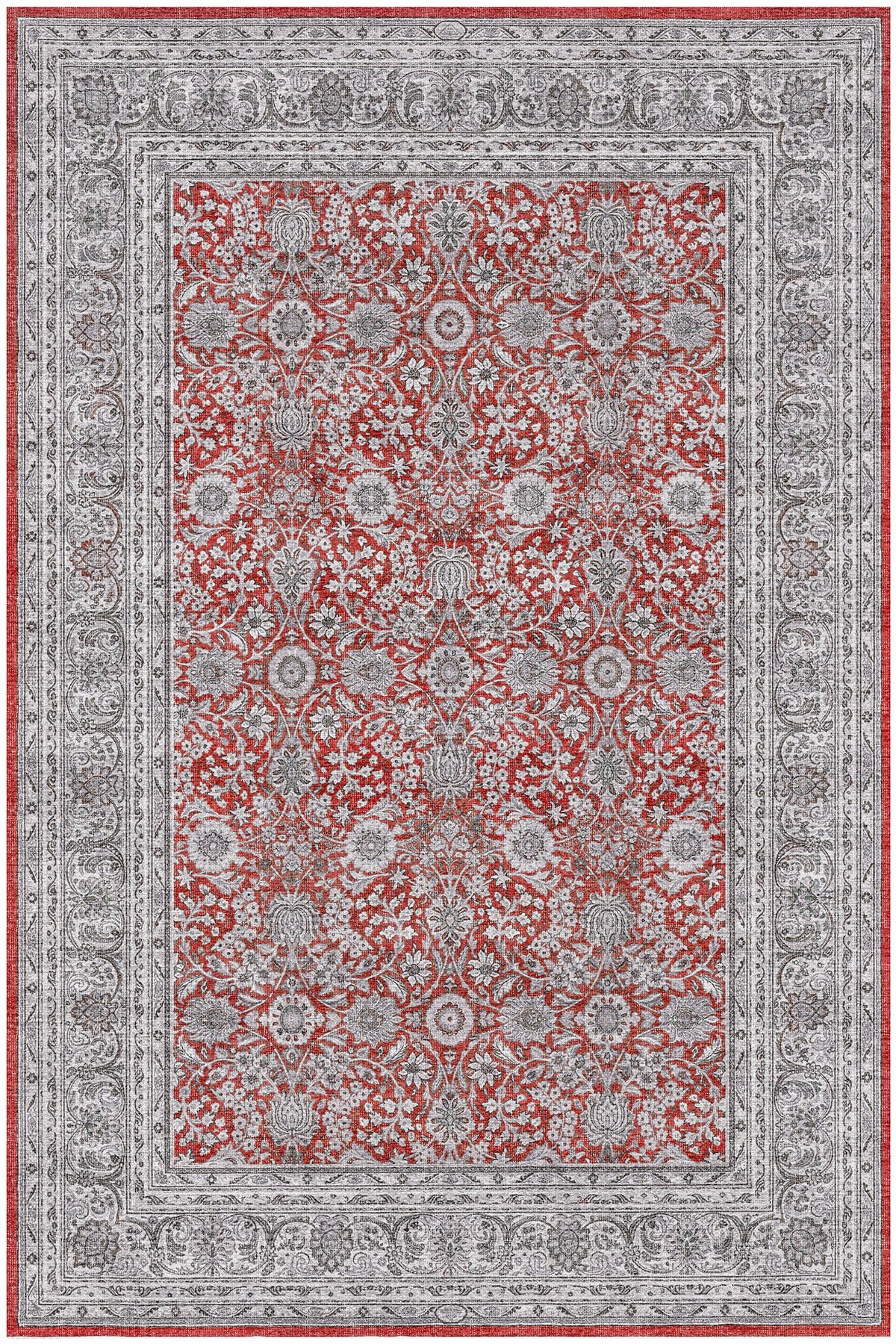 Zümrüt 04 Bordürlü Kırmızı Gri Krem Vintage Desenli Eskitme İnce Yıkanabilir Salon Ev Oda Halısı