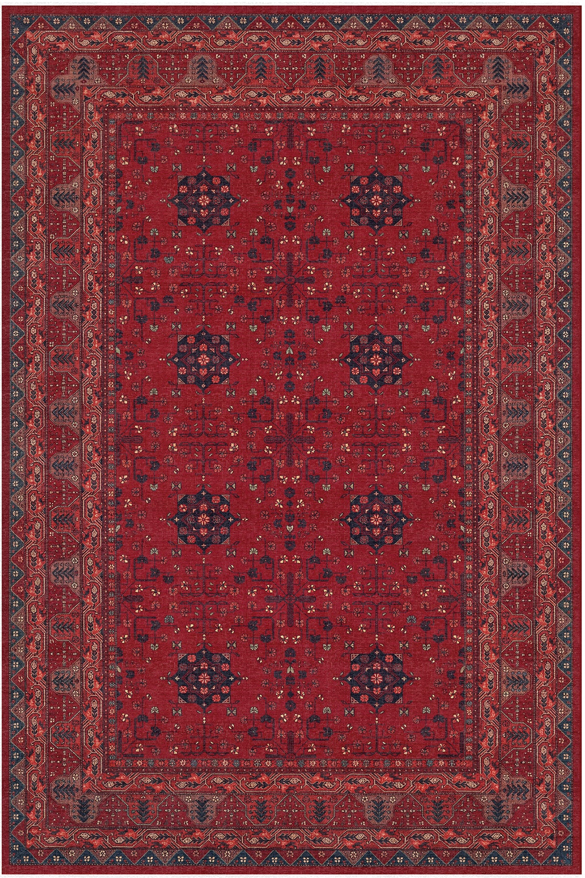 Zümrüt 05 Bordürlü Kırmızı Lacivert Etnik Vintage Eskitme İnce Yıkanabilir Salon Ev Oda Halısı